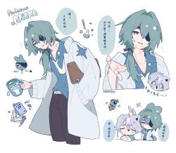 Rule 34 | 2boys, absurdres, alternate costume, anaxa (honkai: star rail), animal ears, bandaged head, bandages, black pants, blue shirt, briefcase, carrying, carrying under arm, cat ears, chibi, chibi inset, coat, collared shirt, commentary request, cropped legs, cropped shoulders, cup, dromas (honkai: star rail), eyepatch, green hair, highres, holding, holding briefcase, holding cup, honkai: star rail, honkai (series), lab coat, male focus, multiple boys, multiple views, necktie, notebook, pants, paper, pencil, phainon (honkai: star rail), ponytail, rabbit ears, saden meow, shaded face, shirt, translation request, white coat, white necktie