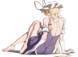 1girl absurdres ass back barefoot blonde_hair bow breasts dress full_body gloves hair_bow hat hat_ribbon highres knees_up large_breasts long_hair looking_at_viewer looking_back low-tied_long_hair purple_dress red_bow red_ribbon ribbon simple_background sitting solo touhou white_background white_gloves white_hat yakumo_yukari yellow_eyes ylong