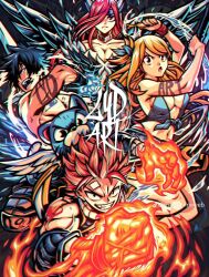Rule 34 | 2boys, 2girls, blonde hair, breasts, cleavage, collarbone, erza scarlet, fairy tail, gray fullbuster, large breasts, long hair, lucy heartfilia, midriff, multiple boys, multiple girls, natsu dragneel, navel, red hair, revealing clothes
