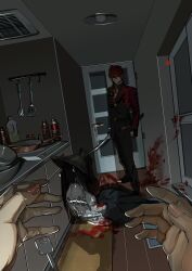 Rule 34 | 2boys, absurdres, artist name, belt, black belt, black jacket, black pants, black shoes, blood, blood on ground, blood on wall, blood splatter, bottle, bowl, closed mouth, colored skin, commentary request, corpse, death, door, dropping, dutch angle, enemy uchigatana, explosion, frying pan, full body, grey skin, hair between eyes, highres, holding, holding sword, holding weapon, indoors, jacket, jikan sokougun, jug (bottle), key, kitchen, ladle, looking at viewer, male focus, multiple boys, murasaki500, ookanehira (touken ranbu), pants, pov, pov hands, red hair, roningasa, rug, sheath, shirt, shoes, short hair, signature, spatula, standing, stove, sword, tachi (weapon), touken ranbu, vent (object), weapon, white shirt, wooden floor