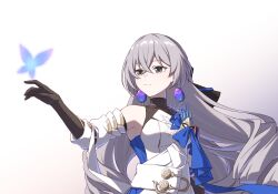 1girl artist_logo bare_shoulders black_gloves blue_butterfly breasts bronya_rand brooch bug butterfly closed_mouth commentary_request dress earrings gloves gradient_background grey_eyes grey_hair hair_between_eyes hand_up highres honkai:_star_rail honkai_(series) insect jewelry light_smile logo long_hair looking_at_animal luyue medium_breasts simple_background solo upper_body white_dress