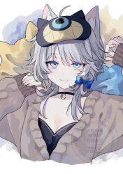 1girl :3 animal_ear_fluff animal_ears aqua_eyes blue_bow blue_pupils bow breasts brown_cardigan cardigan casual cat_ears cat_girl cipher_(honkai:_star_rail) cipher_(sweet_slumber)_(honkai:_star_rail) cleavage collarbone commentary english_text fingernails grey_hair hair_bow half-closed_eyes hands_up honkai:_star_rail honkai_(series) looking_at_viewer medium_hair mole muta_(82y_46p) open_cardigan open_clothes solo upper_body watermark yellow_nails