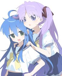 Rule 34 | 2girls, ahoge, black bow, blue eyes, blue hair, blue sailor collar, blue sky, blush, bow, green eyes, hands on another&#039;s shoulders, highres, hiiragi kagami, izumi konata, kyarv con, long hair, lucky star, multiple girls, pleated skirt, ryouou school uniform, sailor collar, school uniform, shadow, skirt, sky, white background, yellow bow