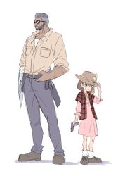 1boy 1girl bandaid bandaid_on_cheek bandaid_on_face barret_wallace beard belt bervens12 black_belt black_hair blue_pants brown_eyes brown_hair brown_shirt brown_shoes collared_shirt cowboy_hat dark-skinned_male dark_skin dress facial_hair father_and_daughter final_fantasy final_fantasy_vii flannel full_body gun hair_between_eyes hat highres holding holding_gun holding_weapon marlene_wallace pants pink_dress plaid_clothes plaid_shirt prosthetic_weapon red_shirt shirt shirt_over_dress shoes short_hair sleeves_rolled_up socks sunglasses the_walking_dead very_short_hair weapon white_socks