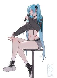 1girl absurdres aqua_eyes aqua_hair bar_stool black_boots blush boots choker cropped_sweater cross cross_choker crossed_legs earclip earrings grey_shorts hatsune_miku highres holding holding_microphone jewelry legs long_hair long_sleeves microphone navel open_mouth panties panties_under_shorts panty_peek quilm short_shorts shorts signature simple_background sitting socks solo stool tattoo thighs twintails underwear very_long_hair vocaloid white_background white_socks