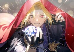 Rule 34 | 1boy, black gloves, black jacket, blonde hair, blurry, blurry background, bokeh, bracelet, collared shirt, commentary, depth of field, diamond (gemstone), ear piercing, earrings, english commentary, fangs, floating hair, gem, glint, gloves, gold earrings, gold ring, grey eyes, grin, hands up, heterochromia, highres, holding, holding gem, hugo vlad, jacket, jacket partially removed, jewelry, lapel pin, lapels, long hair, looking at viewer, low ponytail, male focus, mole, mole under eye, multiple rings, open clothes, open jacket, parted bangs, piercing, pointy ears, ponytail, purple shirt, red eyes, ring, second-party source, shirt, sidelocks, single glove, smile, solo, teeth, ugonba (howatoro), upper body, v-shaped eyebrows, zenless zone zero