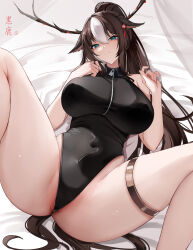 1girl absurdres akris_(deer_chang) animal_ears antlers baige0 bare_shoulders bed_sheet black_leotard blush breasts brown_hair closed_mouth commentary_request commission commissioner_name covered_erect_nipples covered_navel deer_antlers deer_ears deer_girl hands_up highres horns large_breasts leotard long_hair looking_at_viewer lying multicolored_hair on_back on_bed original pixiv_commission ponytail solo spread_legs streaked_hair thigh_strap thighs white_hair
