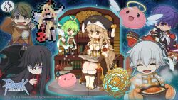 3boys 4girls @_@ angel_wings angeling anger_vein arch_mage_(ragnarok_online) armor bell black-framed_eyewear black_gloves black_hair black_jacket blue_boots blue_eyes book boots bow bowtie breastplate breasts brown_capelet brown_dress brown_eyes brown_gloves brown_hair capelet closed_mouth coat coat_on_shoulders copyright_notice dress eye_brooch fairy food fur-trimmed_boots fur-trimmed_capelet fur_trim glasses gloves gold_trim halo hat hat_bell heart_hunter_evil highres holding holding_book holding_quill inquisitor_(ragnarok_online) jacket jingle_bell lehar_zeta library logo long_hair long_sleeves looking_afar looking_at_another looking_at_viewer lord_knight_(ragnarok_online) medium_breasts multiple_boys multiple_girls necktie noah_hat_(ragnarok_online) official_art official_wallpaper omelet omurice open_mouth oven_mitts pauldrons pixel_art_inset pointy_ears poring purple_eyes purple_hair quill ragnarok_online red_coat red_necktie seyren_windsor shaded_face shirt short_hair shoulder_armor sitting skirt slime_(creature) smile table_of_contents_fairy_ink traditional_halo v-shaped_eyebrows valkyrie_(ragnarok_online) very_long_hair wavy_hair white_boots white_dress white_hair white_shirt wings yellow_halo yuichirou