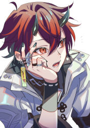 1boy black_horns commentary_request ear_piercing fangs fingernails hair_between_eyes hand_up highres horns jacket jewelry long_sleeves male_focus open_mouth original piercing red_eyes red_hair ring short_hair simple_background solo suzaku_(zaku6584) upper_body white_background white_jacket