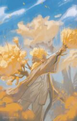 1girl blue_sky branch cloud coat commentary day dongbaek_(project_moon) e.g.o_(project_moon) flower grey_coat hanbok highres holding holding_branch korean_clothes limbus_company oneii open_clothes open_coat open_mouth outdoors pants project_moon short_hair signature sky solo spicebush_(e.g.o) standing white_hair white_hanbok white_pants yellow_flower