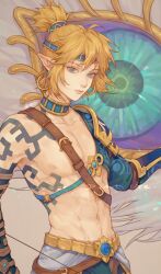 1boy abs absurdres blonde_hair blue_eyes collarbone commentary_request earrings headband highres igote jewelry link longmianbushilongxumian male_focus navel nintendo official_alternate_costume pectorals pointy_ears ponytail solo tattoo the_legend_of_zelda the_legend_of_zelda:_tears_of_the_kingdom toned toned_male weapon