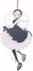 1girl black_gloves black_pantyhose blonde_hair blush buttons closed_eyes collared_jacket collared_shirt commentary danganronpa_(series) danganronpa_v3:_killing_harmony dated dress frilled_sleeves frills full_body gloves grey_hairband hair_over_one_eye hairband happy_birthday high_heels highres jacket lace-trimmed_hairband lace_trim long_sleeves mmr_0x necktie pantyhose purple_necktie shirt short_hair smile solo thorns tojo_kirumi white_background white_shirt