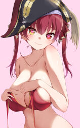 1girl absurdres bicorne black_hat blush breasts closed_mouth collarbone hair_between_eyes hair_ribbon hat heart heart_in_eye heterochromia highres hololive houshou_marine houshou_marine_(1st_costume) kuwakuma large_breasts long_hair looking_at_viewer navel pink_background pirate_hat red_eyes red_hair red_ribbon ribbon smile solo symbol_in_eye twintails virtual_youtuber yellow_eyes