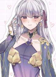 1girl blush closed_mouth collarbone commentary_request detached_sleeves dress earrings fate/grand_order fate_(series) hair_ribbon heart highres hpl_4ic jewelry kama_(fate) kama_(second_ascension)_(fate) long_hair pink_ribbon purple_dress red_eyes ribbon smile solo sweatdrop white_hair