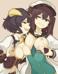 2girls ahoge akoya_matama aqua_dress aqua_eyes aqua_neckerchief artist_name assertive_female black_hair black_nails black_sailor_collar breasts breasts_out bridal_gauntlets brown_background brown_hair cleavage_cutout clothing_cutout collarbone collared_shrug commentary_request corset deep_skin double-parted_bangs dress fang grabbing_another&#039;s_breast grimace groping hair_between_eyes hand_on_another&#039;s_wrist hat highres hiiragi_utena horns jacket large_breasts loco_musica long_hair long_sleeves looking_at_another magia_baiser magical_girl mahou_shoujo_ni_akogarete medium_breasts multiple_girls navel neckerchief nipples no_bra open_clothes open_jacket open_mouth purple_corset raised_inner_eyebrows sailor_collar sailor_hat seductive_smile short_dress short_hair shrug_(clothing) simple_background smile star-shaped_pupils star_(symbol) symbol-shaped_pupils tearing_up teeth tongue two_side_up underbust upper_body upper_teeth_only watermark wavy_mouth white_jacket white_shrug yellow_eyes yellow_horns zhadao_lza