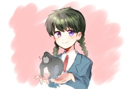 Rule 34 | 1girl, absurdres, black hair, blush, braid, gorilla, highres, kyoukai no rinne, long hair, mamiya sakura, necktie, purple eyes, school uniform, smile