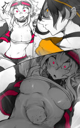 2girls :o absurdres bandaged_hand bandages battle black_choker black_shorts black_thighhighs breasts choker cleavage collarbone covered_erect_nipples cropped_jacket drooling fighting_stance goggles goggles_on_head hayabusa_(niwarhythm) highres light_blush long_bangs looking_at_viewer looking_down lower_teeth_only medium_breasts midriff motion_blur motion_lines multiple_girls navel niwamaru_(niwarhythm) niwarhythm open_mouth original partially_shaded_face pink_eyes pink_trim pov punching shaded_face shiny_skin shockwave short_hair short_shorts shorts slow_motion smirk stomach_punch strapless surprised sweat teeth thighhighs toned tube_top underboob white_background wide-eyed yellow_eyes yellow_trim