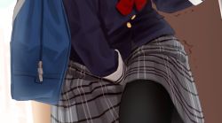 1girl bag between_legs black_pantyhose blue_shirt bow bowtie brown_background buttons commission cropped crotch female_focus grey_skirt hand_between_legs hand_up have_to_pee indoors leaning_forward long_sleeves lower_body miniskirt original pantyhose plaid_clothes plaid_skirt pleated_skirt pocket red_bow red_bowtie school_bag school_uniform shirt skeb_commission skirt solo trembling urabe_miyabi zipper_pull_tab