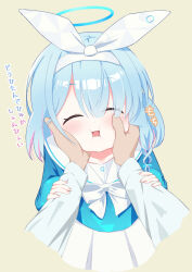 Rule 34 | 1girl, 1other, :i, ^ ^, absurdres, anotherdetteiu, arona (blue archive), blue archive, blue hair, blue halo, blue shirt, blush, bow, bowtie, braid, closed eyes, colored inner hair, commentary request, cowboy shot, facing viewer, hair bow, halo, hands on another&#039;s arms, highres, multicolored hair, open mouth, pink hair, pov, pov hands, sailor collar, school uniform, sensei (blue archive), serafuku, shirt, short hair, simple background, single braid, skirt, solo focus, sound effects, translation request, white bow, white bowtie, white sailor collar, white skirt, yellow background