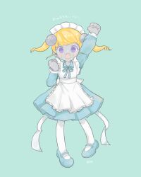 1girl android apron blonde_hair blue_eyes bow dress drill frills highres juliet_sleeves lil_miss_marshmallow long_hair long_sleeves maid maid_headdress mother_(series) mother_3 nintendo open_mouth pantyhose puffy_sleeves quiff robot_girl shoes solo washimi