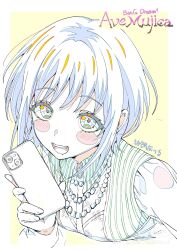 Rule 34 | 1girl, amoris (bang dream!), bang dream!, bang dream! it&#039;s mygo!!!!!, bead necklace, beads, blush, border, brooch, cellphone, commentary, copyright name, highres, holding, holding phone, jewelry, looking at viewer, necklace, open mouth, phone, simple background, smartphone, solo, white border, yellow background, youguo naberu, yuutenji nyamu
