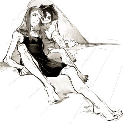 Rule 34 | animal ears, asakusa midori, asymmetrical bangs, barefoot, black hair, black nails, body freckles, commentary, eizouken ni wa te wo dasu na!, feet, freckles, goblet 42, greyscale, highres, kanamori sayaka, long hair, monochrome, sketch, stuffed animal, stuffed rabbit, stuffed toy, sweat, toes