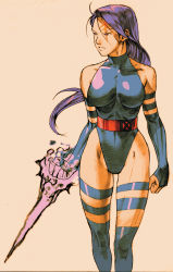1girl angry animification armband bare_shoulders belt bengus blue_thighhighs breasts bridal_gauntlets capcom clenched_hand energy_blade facial_mark female_focus fighting_stance frown glowing halterneck highleg highleg_leotard highres impossible_clothes impossible_leotard large_breasts leotard long_hair looking_away marvel marvel_vs._capcom marvel_vs._capcom_2 ninja official_art pink_eyes psylocke purple_hair simple_background skin_tight solo standing superhero_costume sword tattoo thigh_strap thighhighs turtleneck weapon x-men