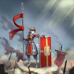 1girl absurdres arm_armor armor armored_boots banner battlefield boots brown_gloves brown_hair closed_mouth cloud cloudy_sky commentary_request faulds fire full_armor full_body gloves gorget helmet highres holding holding_polearm holding_shield holding_weapon juse_(etoonecrocurse) light_rays long_hair original outdoors pauldrons planted planted_sword planted_weapon polearm purple_eyes scale_armor shield shoulder_armor sky smoke solo spear sunlight sword tower_shield weapon