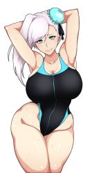 1girl absurdres arms_behind_head asymmetrical_hair blue_eyes breasts competition_swimsuit fate/grand_order fate_(series) hair_bun highres huge_breasts looking_at_viewer miyamoto_musashi_(fate) miyamoto_musashi_(fate/grand_order) miyamoto_musashi_(swimsuit_berserker)_(fate) one-piece_swimsuit sihkygmojsn simple_background single_hair_bun swimsuit thick_thighs thighs white_background