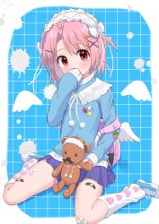 Rule 34 | 1girl, alternate costume, animal hair ornament, antenna hair, backpack, bag, bandaid, bandaid on knee, bandaid on leg, blue jacket, blue skirt, blush, clothes pin, covering own mouth, crime prevention buzzer, gakkou gurashi!, hair ornament, hairclip, hand over own mouth, hat, highres, holding, holding stuffed toy, jacket, kneeling, neck ribbon, pink eyes, pink hair, pleated skirt, ribbon, rokkii (pixiv77873722), short hair, sitting, skirt, sleeves past fingers, sleeves past wrists, stuffed animal, stuffed toy, takeya yuki, track jacket, wariza, white hat, white ribbon, x hair ornament