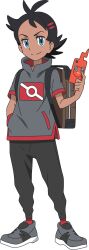 1boy absurdres backpack bag black_hair black_pants blue_eyes brown_bag closed_mouth eyelashes flipped_hair full_body gen_4_pokemon goh_(pokemon) grey_shirt grey_shoes hand_in_pocket happy high_collar highres holding holding_phone male_focus nintendo official_art pants phone pokemon pokemon_(anime) pokemon_journeys red_socks rotom rotom_phone shirt shoes short_sleeves smile socks solo split_mouth standing transparent_background