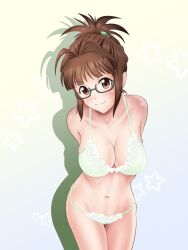 akizuki_ritsuko antenna_hair blush bra breasts brown_eyes brown_hair ehou_mangan folded_ponytail glasses green_background green_bra hair_ornament highres idolmaster idolmaster_(classic) large_breasts shadow star_(symbol) underwear