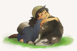 1boy black_hair blush boots cape chanosuke dragon_quest dragon_quest_vii closed_eyes gabo hat long_hair male_focus solo wolf