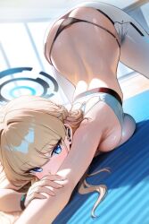 1girl black_panties blonde_hair blue_archive blue_eyes blush breast_press breasts dondonai eyelashes female_focus halo indoors large_breasts long_hair looking_at_viewer lying on_stomach panties pants shiny_skin solo sweat thong toki_(blue_archive) top-down_bottom-up underwear white_pants