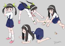 1girl adjusting_hair all_fours bandaid bandaid_on_knee bandaid_on_leg barefoot black_hair blush brown_eyes closed_eyes commentary_request full_body grey_background hachikuji_mayoi hair_down hair_ribbon itoma_mahimahi monogatari_(series) pink_shoes red_ribbon ribbon shirt shoes signature simple_background sitting skirt snail socks solo spread_legs standing suspender_skirt suspenders twintails white_shirt white_socks