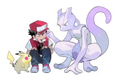 1boy baseball_cap black_eyes black_hair blue_pants cheek_pinching closed_mouth commentary full_body gen_1_pokemon grey_eyes hair_between_eyes hands_on_own_knees hat highres jacket legendary_pokemon looking_at_another mewtwo newo_(shinra-p) nintendo one_eye_closed pants pikachu pinching pokemon pokemon_(creature) pokemon_rgby purple_eyes red_(pokemon) red_hat red_jacket red_shoes shirt shoes short_hair simple_background sleeveless sleeveless_jacket squatting tail white_background white_shirt