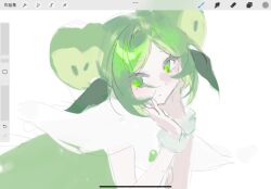 1girl apple_faerie_cookie apple_hair_ornament candy_apple_cookie cookie_run cookie_run:_kingdom disguise dress food food-themed_hair_ornament fructoseies green_eyes green_hair hair_ornament highres humanization looking_at_viewer short_hair smile solo