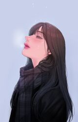 Rule 34 | 1girl, bad thinking diary, black hair, breath, grey eyes, highres, kang yuna (bad thinking diary), long hair, plaid clothes, plaid scarf, rangrarii, scarf, snowing, solo, winter