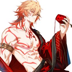 1boy abs absurdres arm_tattoo armlet bare_pectorals blonde_hair blush braid chest_tattoo commentary cup facial_tattoo gradient_hair hair_between_eyes highres holding holding_cup honkai:_star_rail honkai_(series) jewelry jujeop looking_to_the_side male_focus medium_hair multicolored_hair mydei_(honkai:_star_rail) open_clothes open_robe pectorals pouring pouring_onto_self red_hair red_robe red_tattoo robe side_braid simple_background solo tattoo toned toned_male white_background yellow_eyes