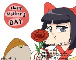 Rule 34 | 1girl, ainu clothes, artist name, black hair, breasts, chibi, dated, english text, fingerless gloves, flower, gloves, grey eyes, hair ribbon, long hair, looking at viewer, mamahaha, nakoruru, ribbon, rose, samurai spirits, small breasts, smile, snk, the king of fighters