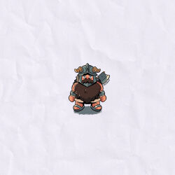 1boy beard brown_hair chibi chibi_only deformed dungeon_meshi dwarf expressionless facial_hair fake_horns helmet highres horned_helmet horns long_beard looking_at_viewer male_focus mustache negative_space senshi_(dungeon_meshi) solo standing straight-on thick_mustache very_long_beard yesjohn
