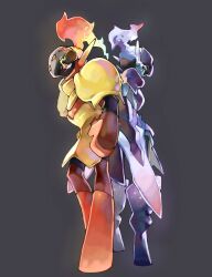 arm_blade armarouge armor back-to-back blonde_hair ceruledge evolutionary_line eye_trail fiery_hair fire full_body gold_armor grey_background highres light_trail nintendo pokemon pokemon_(creature) purple_armor purple_eyes purple_fire purple_hair red_eyes red_hair sake_maguro shoulder_armor weapon