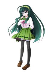 &gt;_&lt; 1girl ahoge arm_behind_back black_thighhighs blunt_bangs blunt_sidelocks brown_shoes commentary_request dairi full_body green_hair green_hairband green_sailor_collar green_skirt hairband hand_up highres large_variant_set loafers long_hair long_sleeves neck_ribbon open_mouth pea_pod pink_ribbon pleated_skirt ribbon sailor_collar shaded_face shirt shoes sidelocks skirt solo standing tachi-e thighhighs touhoku_zunko transparent_background variant_set voiceroid white_shirt zettai_ryouiki