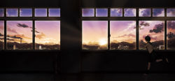 1girl amemura_(caramelo) building cloud female_focus fire_hydrant original running scenery school_uniform skirt sky solo sunset vocaloid window