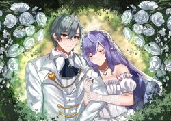 1boy 1girl ahoge arm_hug black_nails blue_sealad bridal_veil bride closed_eyes dress elbow_gloves flower gloves green_eyes grey_hair groom hair_between_eyes hairband heart heart_necklace highres jewelry long_hair mole mole_under_eye necklace off-shoulder_dress off_shoulder pointy_ears purple_hair purple_hairband rose short_hair smile tuxedo upper_body veil vivian_banshee wedding_dress white_dress white_flower white_gloves white_rose zenless_zone_zero