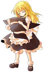 1girl apron black_dress black_shoes blonde_hair bow closed_eyes commentary_request dairi defeat dress full_body hat holding holding_unworn_clothes holding_unworn_hat kirisame_marisa large_variant_set long_hair shirt shoes short_sleeves socks solo tachi-e tearing_up touhou transparent_background turtleneck unworn_hat unworn_headwear variant_set waist_apron white_bow white_socks