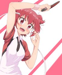 Rule 34 | 1girl, :d, blush, collared shirt, hand up, headband, highres, holding, looking at viewer, open mouth, paddle, raglan sleeves, red eyes, red hair, shakunetsu no takkyuu musume, shirt, short sleeves, sincos, smile, solo, sweat, table tennis paddle, tsumujikaze koyori, twintails, upper body, white shirt, wing collar, wristband