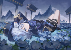 1girl absurdres angel_no_shousou ascot asymmetrical_gloves blue_ascot blue_brooch blue_gemstone blue_hat blue_jacket furina_(genshin_impact) gem genshin_impact gloves hat heterochromia highres jacket lying mismatched_gloves mismatched_pupils on_back solo thighs top_hat