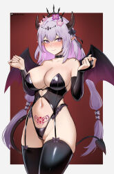 1girl alternate_costume black_bow black_bridal_gauntlets black_choker black_panties black_tail black_tiara blush border bow breasts bridal_gauntlets bright_pupils castorice_(honkai:_star_rail) choker closed_mouth collarbone commentary cowboy_shot demon_horns demon_tail demon_wings ear_blush embarrassed flower hair_bow hair_flower hair_ornament hands_up highleg highleg_panties highres hioyami honkai:_star_rail honkai_(series) horns large_breasts long_hair looking_at_viewer navel outside_border paid_reward_available panties patreon_username pink_flower pointy_ears pubic_tattoo purple_eyes purple_hair red_background revealing_clothes sidelocks single_bridal_gauntlet solo stomach strapless tail tattoo thighs tiara underwear very_long_hair white_border white_pupils wings