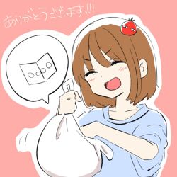 1girl :d ^_^ bag blue_shirt blush brown_hair closed_eyes commentary_request highres holding holding_bag kiritoma motion_lines open_mouth original outline pink_background plastic_bag shirt short_sleeves smile solo translation_request white_outline